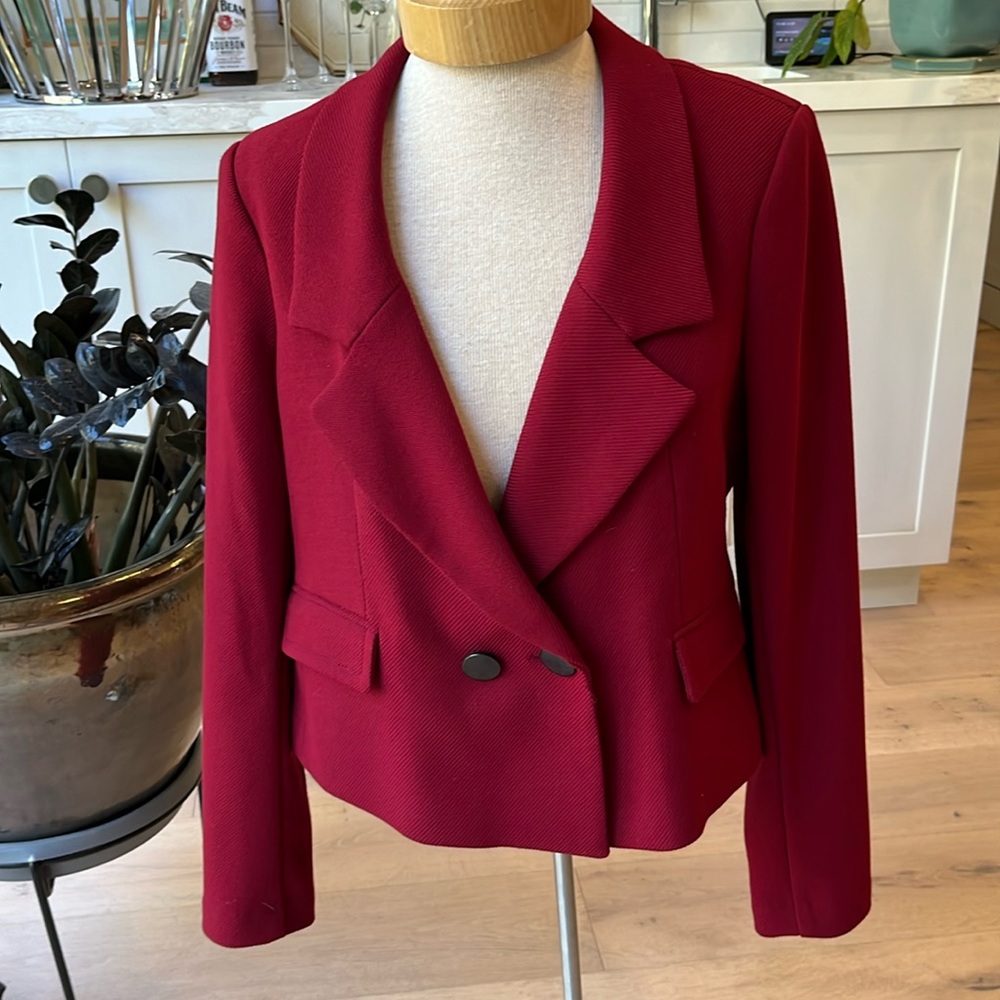 Iris Setlakwe deep red double breasted single button jacket with back belt